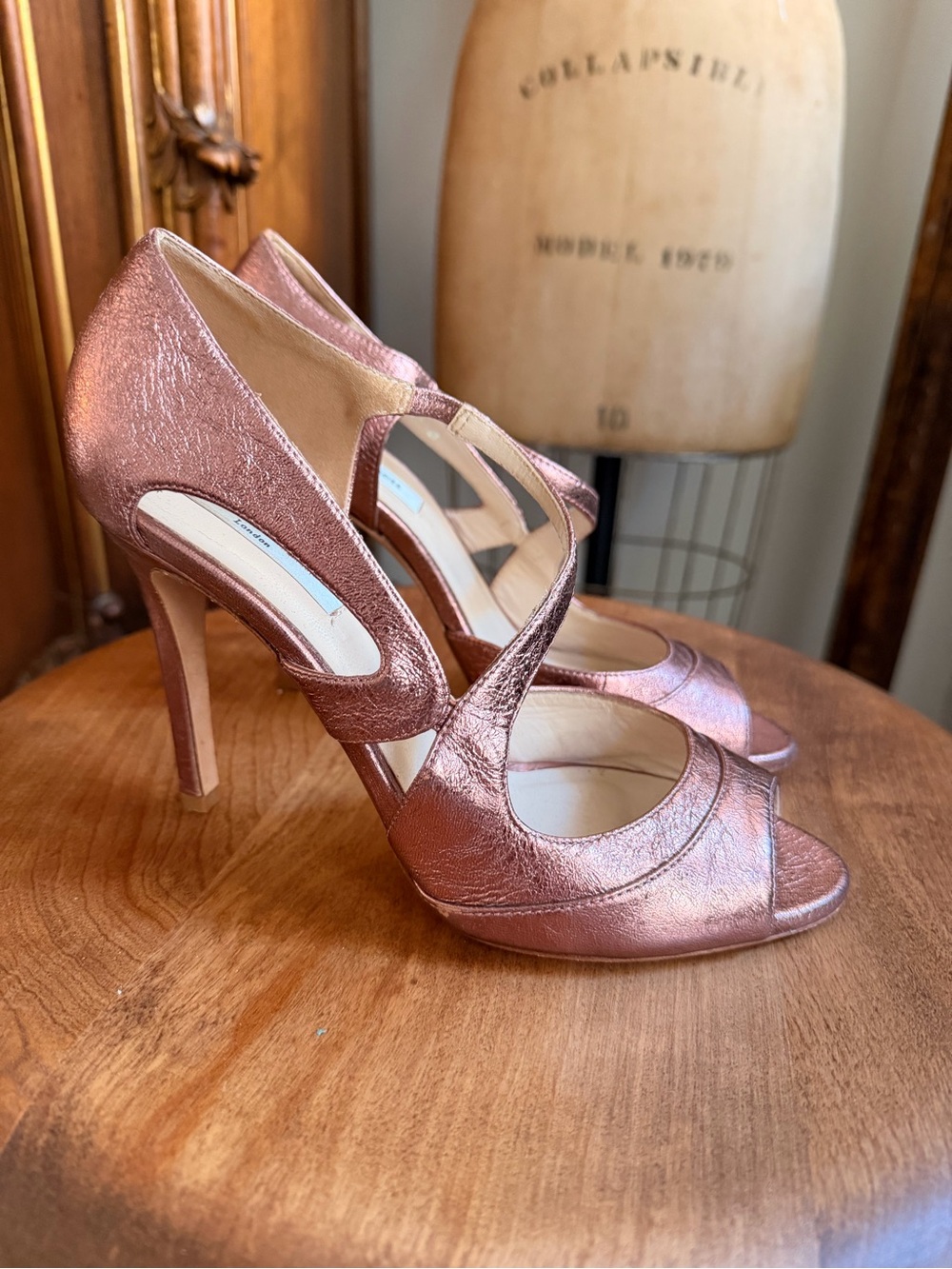 LK Bennett Metallic Rose Gold Peep-Toe Cutout Heels Sandals